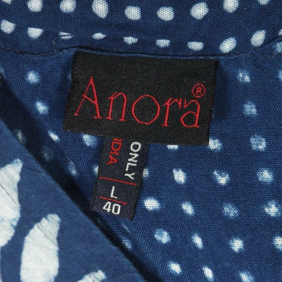 ANORA Blue Batik Leaf Print Mirrored Embroidered Trim India Dress sz L /918 - Picture 6 of 6